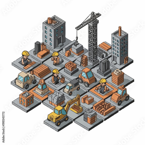 Isometric Construction Site with Buildings Vehicles and Workers.