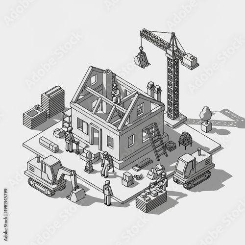 Construction site with house building and workers.