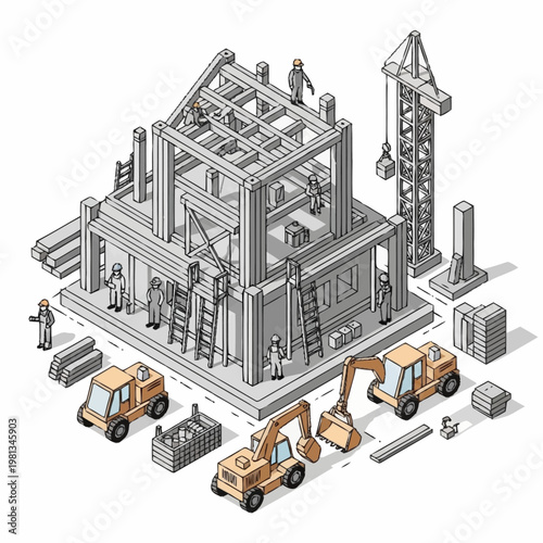 Construction of a wooden house with workers and machinery.