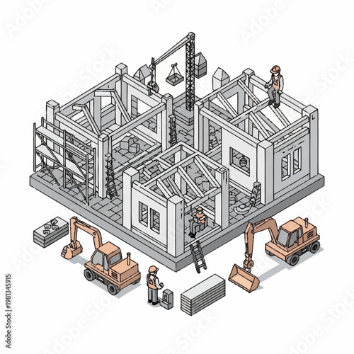 Construction site isometric view of building under development with workers and machinery.