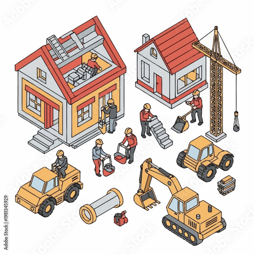 Construction scene with workers and machinery isometric illustration.