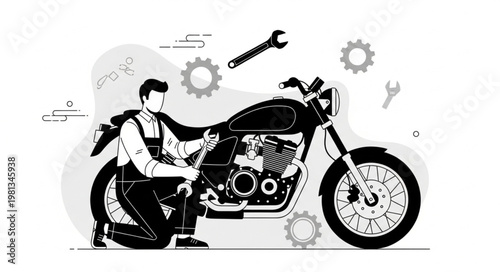 Mechanic working on a motorcycle with tools and gears.