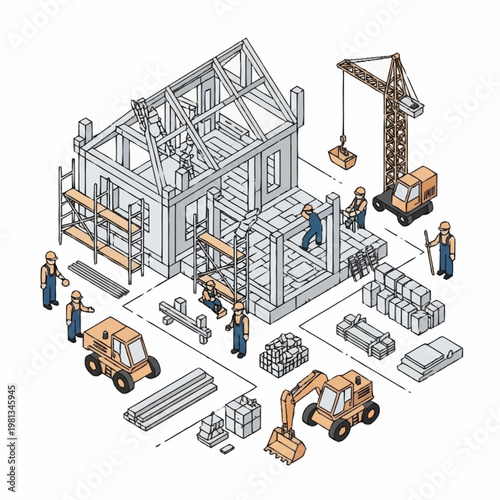Construction Site with House Framing and Workers.