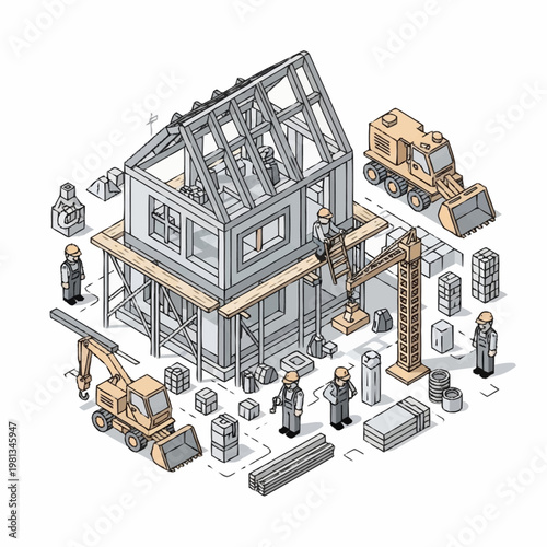 House construction isometric view with workers and machinery.
