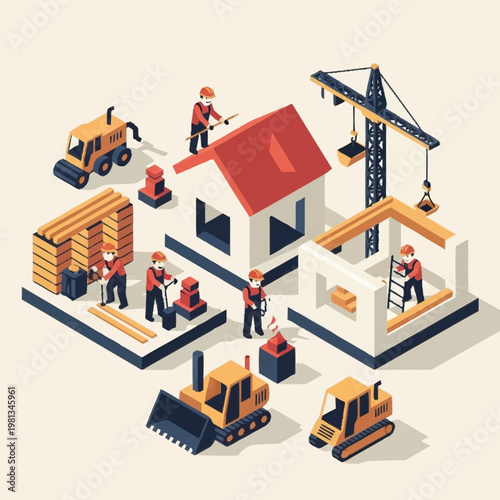 Construction Site with Workers and Equipment Building Houses.