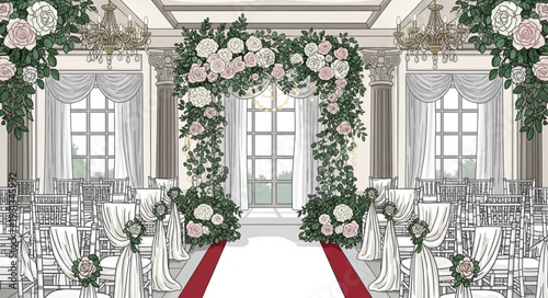 Elegant Wedding Ceremony Archway Decorated with Flowers and Seating Arrangement.
