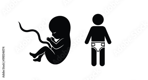 A stark black silhouette depicts a fetus alongside a toddler illustrating stages of human development