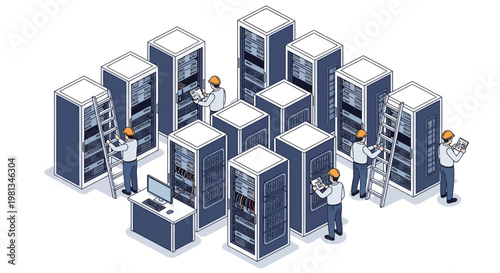 Isometric vector illustration of IT professionals working with server racks and computer equipment in a data center