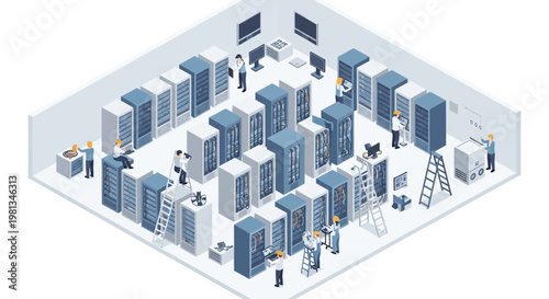 Isometric view of a modern data center with technicians working among server racks and networking equipment
