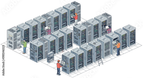 Modern isometric view of a data center with technicians maintaining servers, highlighting technology and infrastructure