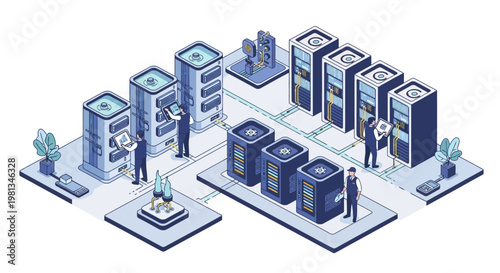 Isometric illustration of a secure data center environment, depicting IT professionals maintaining server infrastructure and cloud computing networks, essential for digital information processing