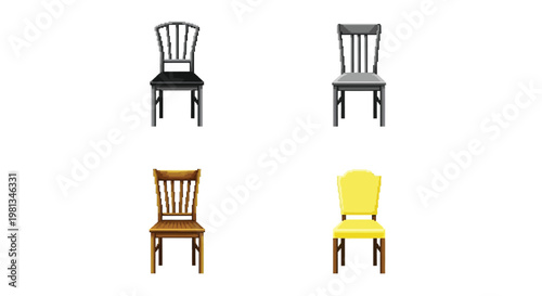 Four distinct chairs are displayed black gray wooden and bright yellow all viewed from a similar angle