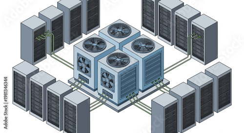 Isometric Vector Illustration of a High-Tech Data Center Infrastructure with Connected Server Racks and Central Cooling Units, Representing Network Operations and Cloud Computing Technology