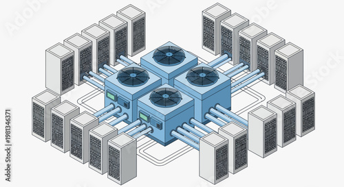 Isometric view of a modern server room with cooling units and racks of computers