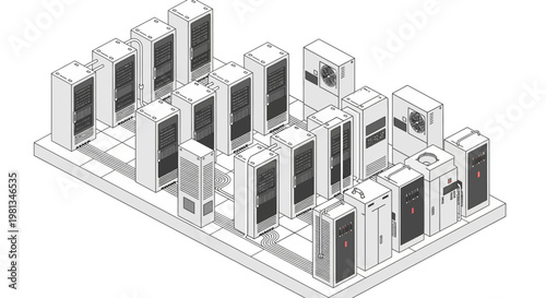 Isometric illustration of a modern data center with multiple server racks and cooling units, depicting essential network infrastructure and cloud computing technology concepts