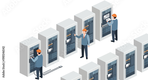 Isometric view of data center technicians performing maintenance on server racks in a clean, modern facility