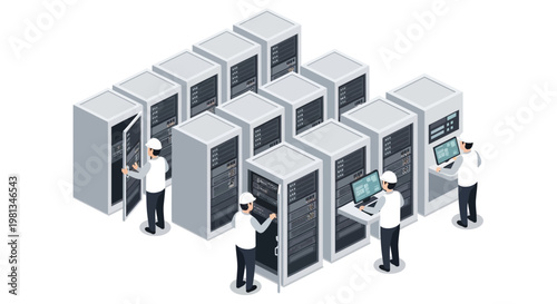 Isometric illustration of computer technicians working on server racks in a data center, representing IT infrastructure and cloud computing