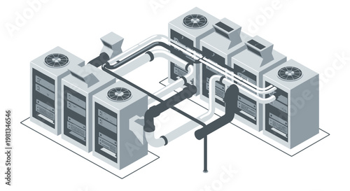Isometric vector illustration of a data center. Depicting server racks, cooling units, and network pipes. Essential IT infrastructure for modern digital technology operations
