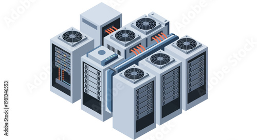 Isometric vector illustration of a modern data center server room with cooling systems and equipment