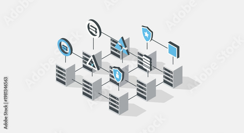 Minimalistic Isometric Depiction of a Secure Network System with Data Protection Icons