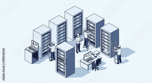 Isometric vector illustration of IT professionals working with server racks and computers in a data center