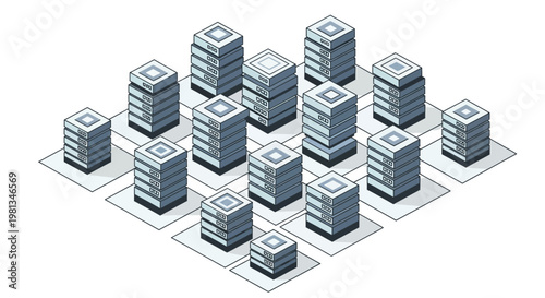 Isometric illustration of a structured data center network, featuring multiple server racks in a grid, symbolizing robust digital infrastructure and advanced cloud computing