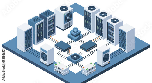 Isometric data center network infrastructure. Features interconnected server racks, switches, and cooling units for cloud computing and efficient data management
