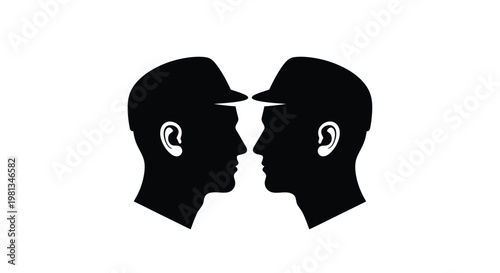 A striking black silhouette depicts two human profiles facing each other creating a mirrored visual