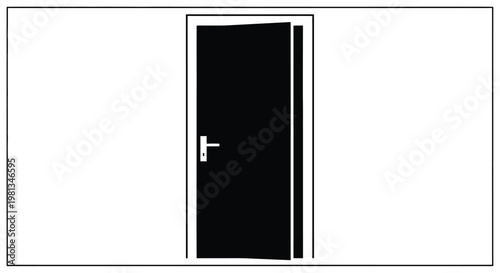 A stark black door stands centered within a white frame suggesting entry or isolation