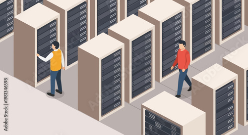 Isometric illustration of IT professionals managing server racks in a modern data center, highlighting digital infrastructure and network operations