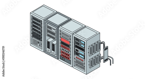 Vector illustration of a row of computer server racks in isometric view, representing data centers and technology infrastructure