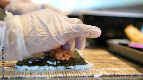 Sushi preparation step by step rice tempura shrimp Japanese cuisine culinary process