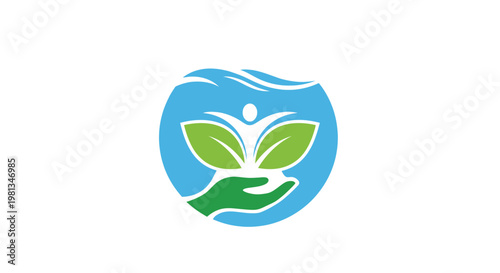 A vibrant logo featuring a hand cradling a leaf within a water droplet circle