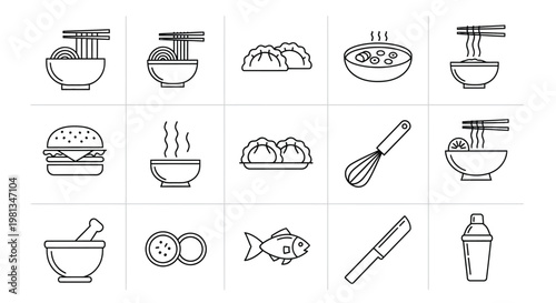 A collection of simple black and white line icons depicting various food items and kitchen utensils