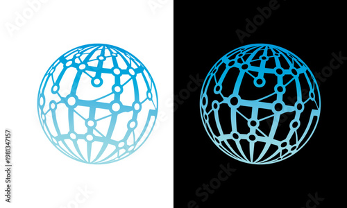 A futuristic blue globe with intricate network patterns on white and black backgrounds.