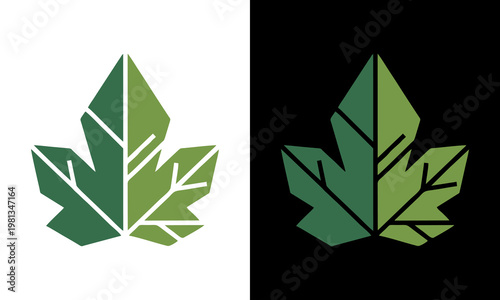Green leaves illustration on white and black backgrounds