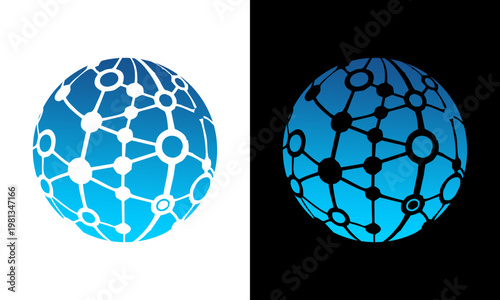 The molecular structure of a blue sphere on white and black backgrounds shows science and technology concepts.