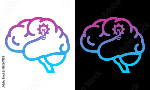 A colorful illustration of a brain with a gear inside on white and black backgrounds
