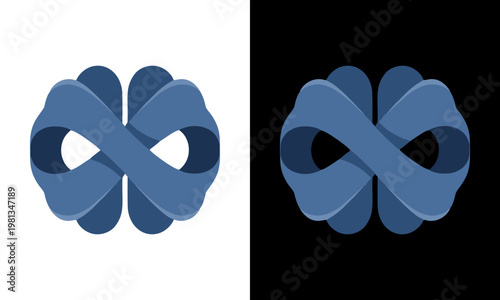 A stylized blue knot sculpture stands on a white surface next to a black background.