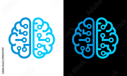 A blue circuit board brain illustration appears on a white and black background.