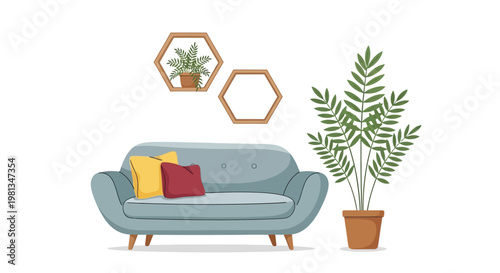 A cozy living room interior features a light blue sofa potted plants and geometric wall shelves