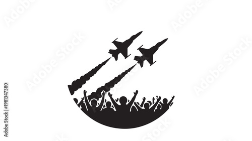 Fighter Jets Flyover Crowd Cheering Silhouette Military Victory Patriotism Air Show Celebration Concept