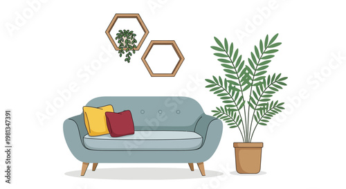 A cozy living room scene featuring a light blue sofa potted plant and hexagonal wall shelves