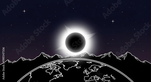 Solar eclipse over planet Earth and mountains.