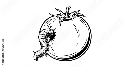 Illustration of a caterpillar eating a tomato with a bite mark.