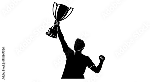 Silhouette of a triumphant athlete holding up a trophy.
