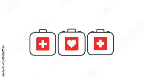Three first aid kits are displayed in a row each with a unique red symbol inside