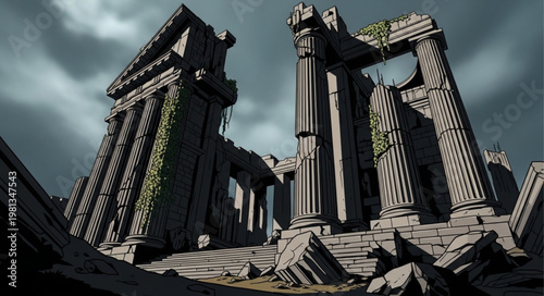 Ancient stone ruins of a forgotten temple under a dramatic sky.