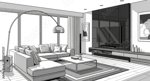 Modern Living Room Interior Design Sketch Rendering.