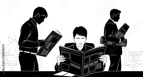 Three men reading newspapers in black and white illustration.